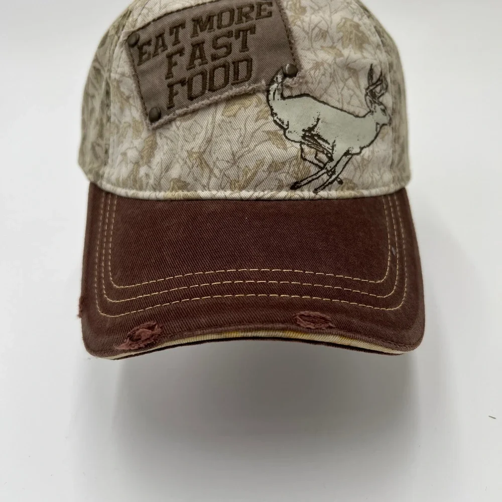 Eat‎ More Fast Food Deer Hunting Camo Trucker Hat Brown Distressed Snapback Cap